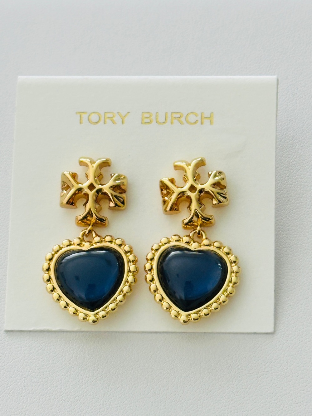 Tory Burch Gold-Tone Drop Earrings with Navy Heart Cabochons